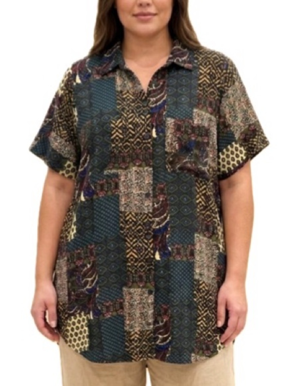 Caffe Marrakesh Patchwork Short Sleeve Button Down Tunic Shirt Plus Size 1X